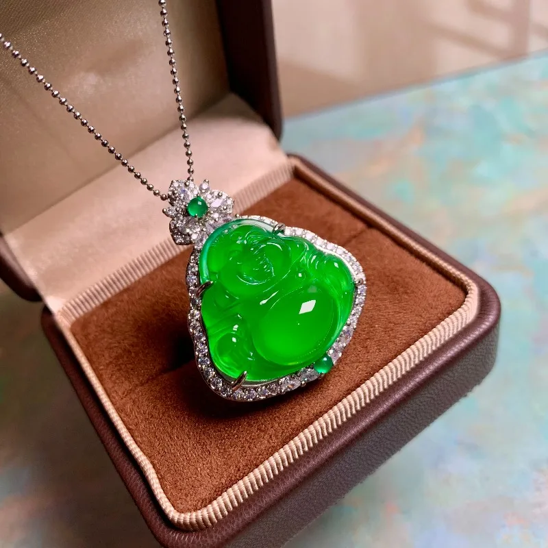 

Vibrant Icy Inlaid Buddha Pendant, Imperial Green Maitreya Buddha Luxury Jewelry Exquisite Blessing Gift for Women