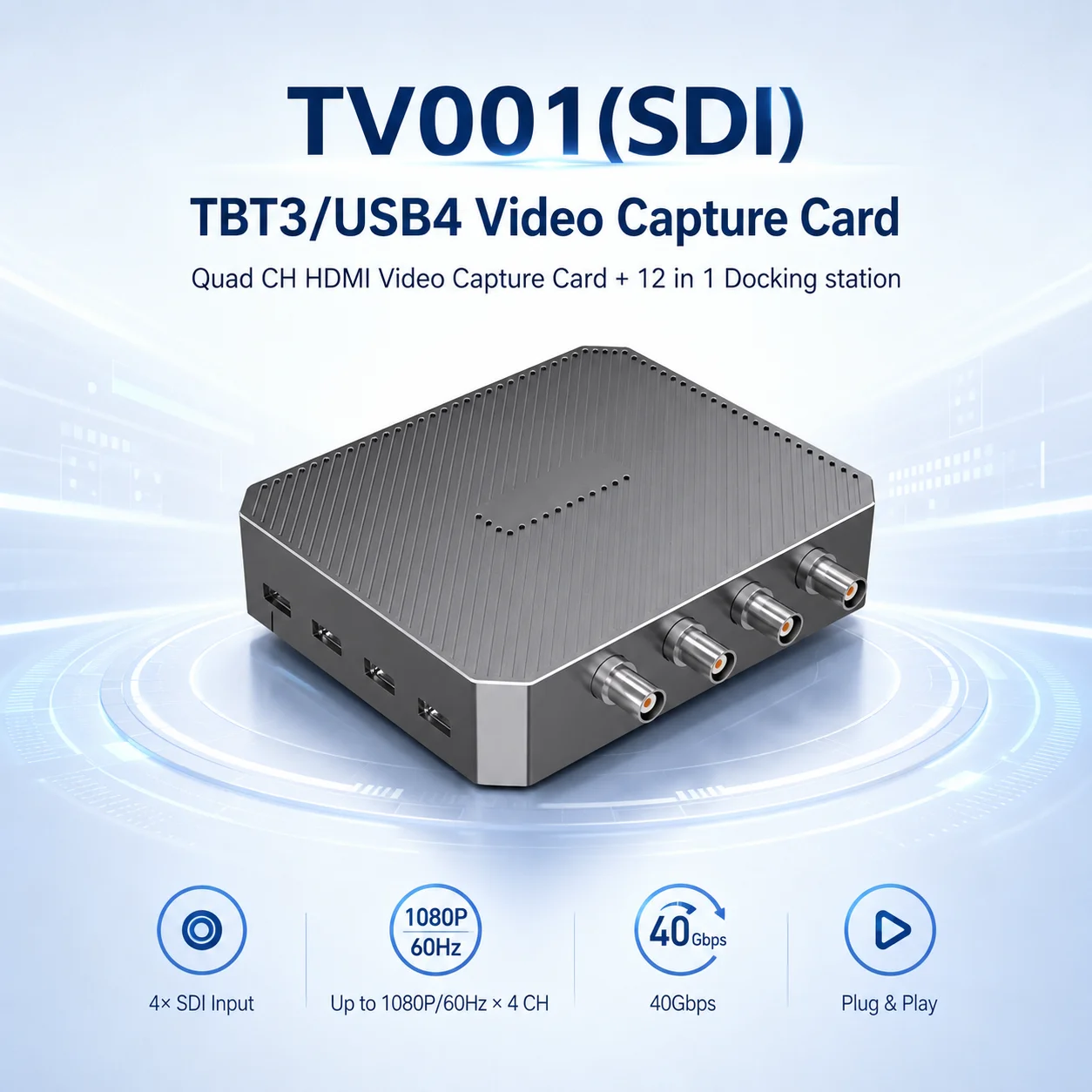 4-Channel SDI Video Capture Card + 12-in-1 Docking Station, TBT3/USB4 40Gbps, 4x1080P*60Hz Capture, 4xUSB 3.0, Aluminum Case