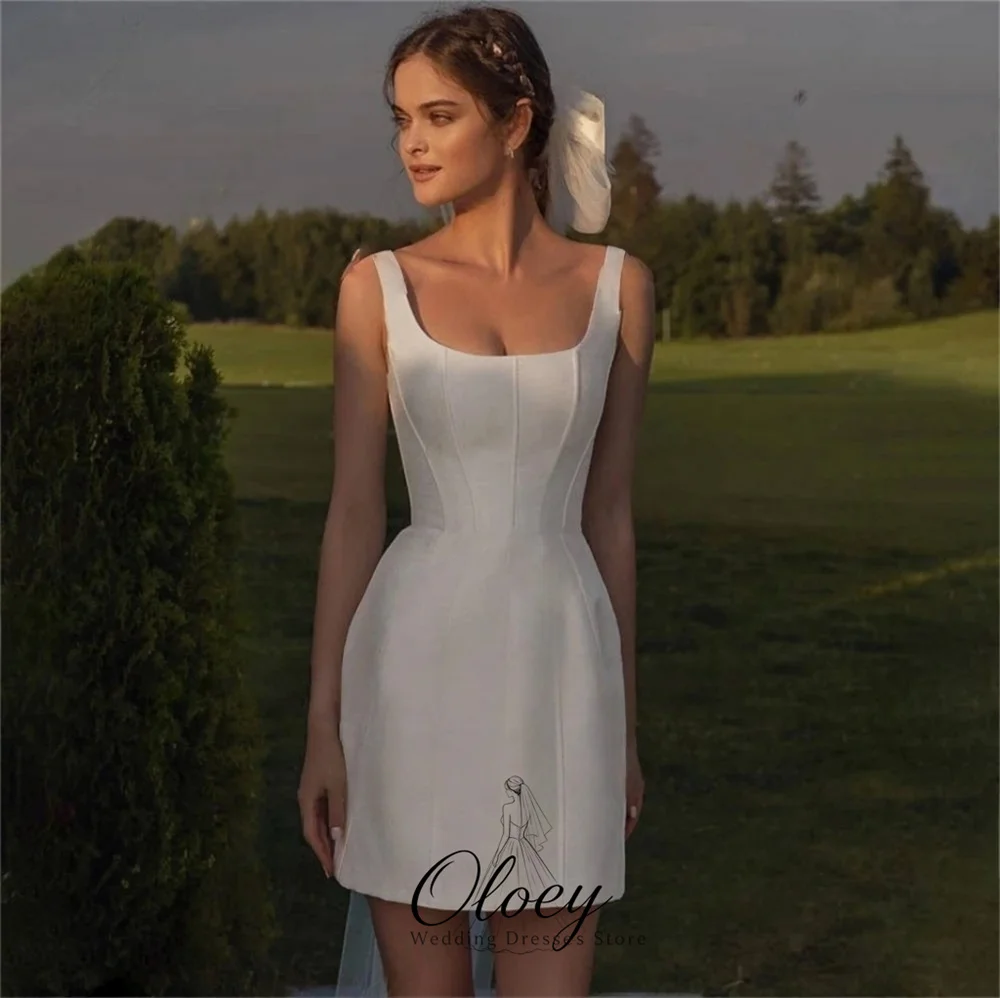 OLOEY Simple Square Neck Wide Strap Satin Wedding Dresses For Woman Mini Bridal Gown 2026 Customized Wedding Party Dress