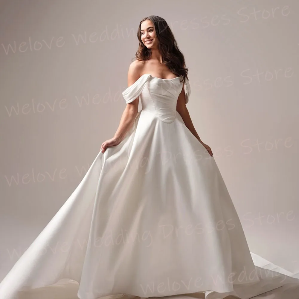 

Beautiful A Line Women's Wedding Dresses Off The Shoulder Vestidos De Novias De Boda Customized Bride Gowns Sleeveless Vestidos