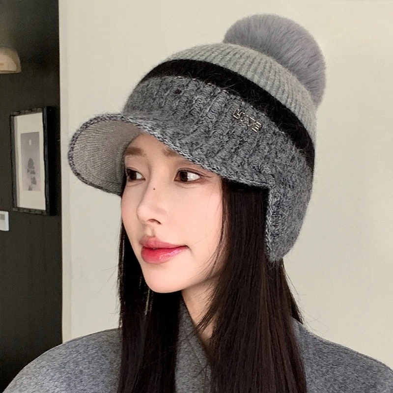 New Color Matching Ear Bag Rabbit Hair Baseball Cap Women's Korean Version Light Luxury Temperament Velvet Knitted Cap
