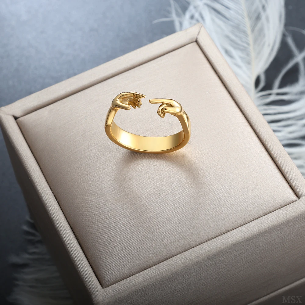 W nowym stylu spersonalizowany projekt pierścienie z dwoma rękami otwierający pierścień nie regulowany kobiety wysoki połysk metalowy pierścień akcesoria hurtowe