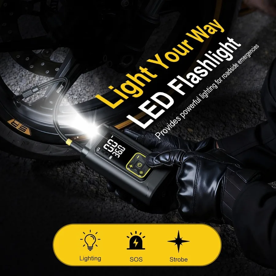Przenośny kompresor powietrza do opon samochodowych 150PSI Cyfrowa pompka do opon z wbudowanym manometrem, oświetleniem LED, funkcją automatycznego wyłączania i szybkim pompowaniem.