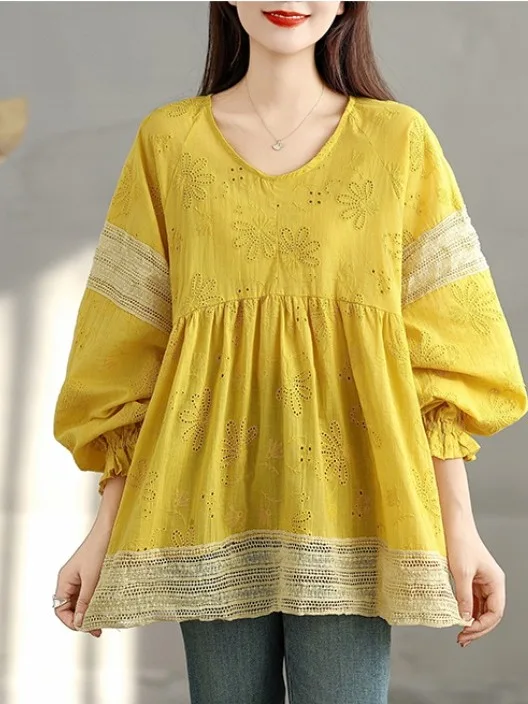 T-shirt patchwork in pizzo color sangue Lanterna da donna di grandi dimensioni Sve V-Ne che nasconde la pancia Bambola casual irt Autunno