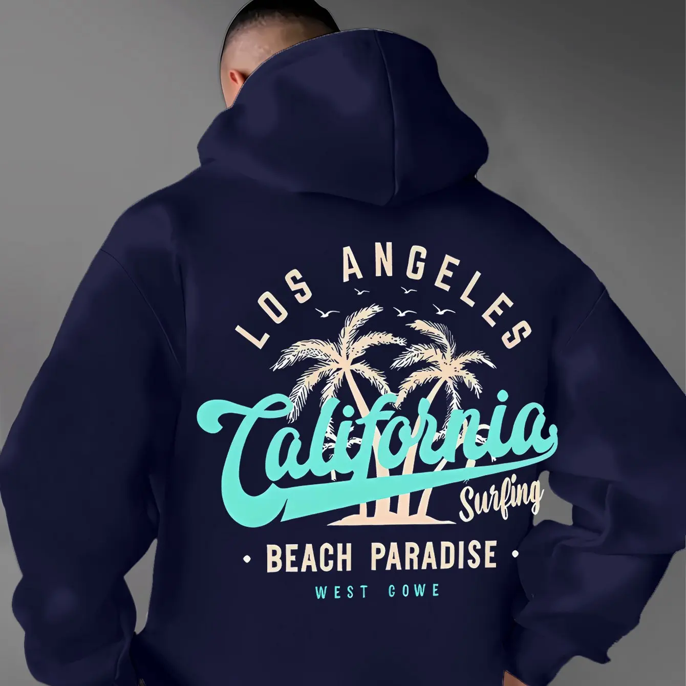 Übergroßer Herren-Hoodie Vintage Retro Los Angeles Kalifornien Kursivschrift Palme Surf Grafik Weicher Fleece Lässiger Pullover – Detail 9
