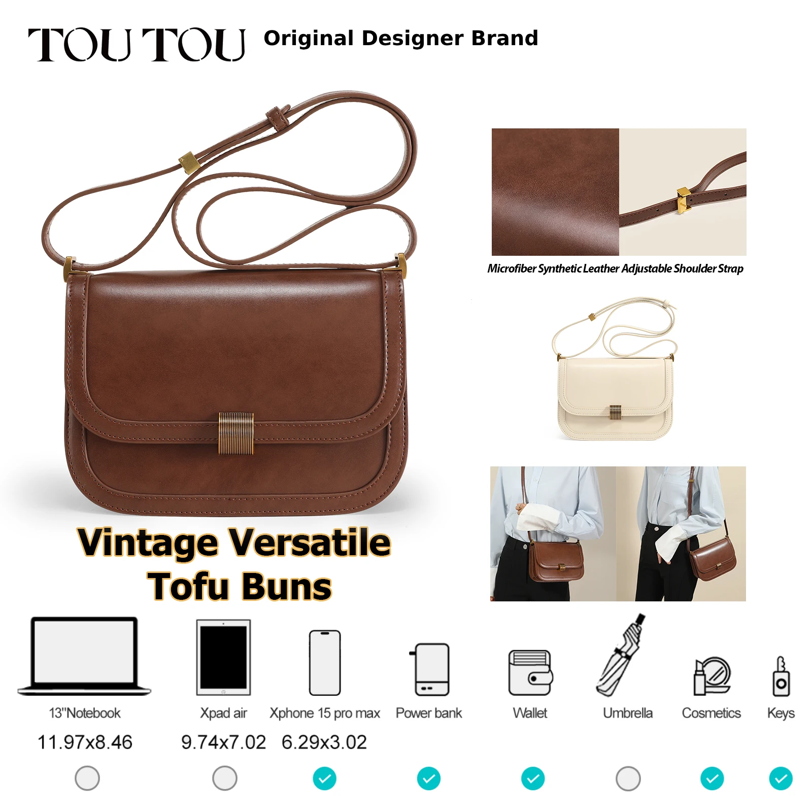 TOUTOU damska torba na ramię brązowa Retro wszechstronna torebka z PU minimalistyczna torba pod pachami pojedyncza torba na ramię Crossbody dla