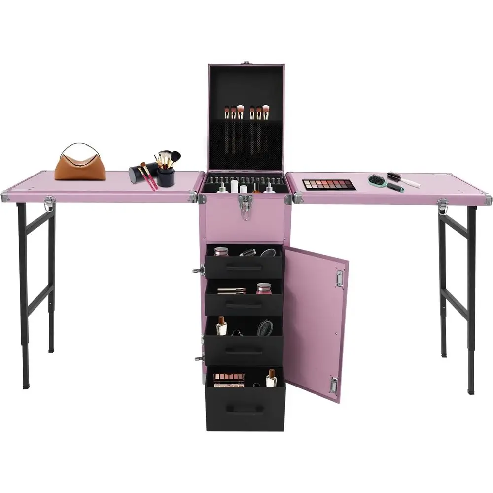 

Portable Rolling Desk with Drawers and Wheels for Makeup Train Case, Travel, and Salon Workstation in Pink