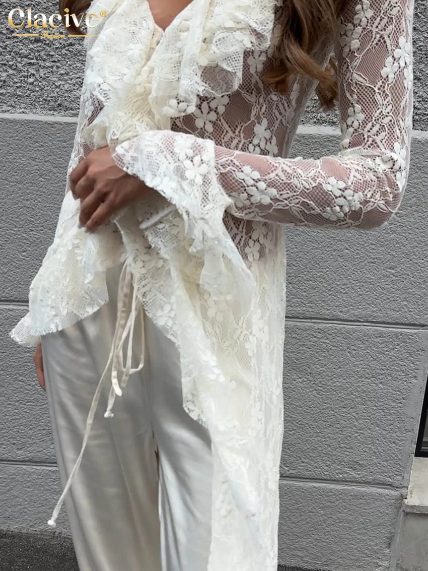 Clacive Sexy Loose Apricot Lace Women's Shirt 2025 Fashion V-Neck Long Sleeve Shirts Elegant Classic Ruffles Top Female Clothing