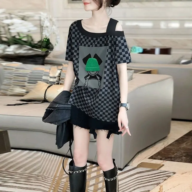 High Street Stylish Checkerboard Printed T-shirt Summer Casual Slash Neck Off Shoulder Sexy Women's Clothing Patchwork Pullovers