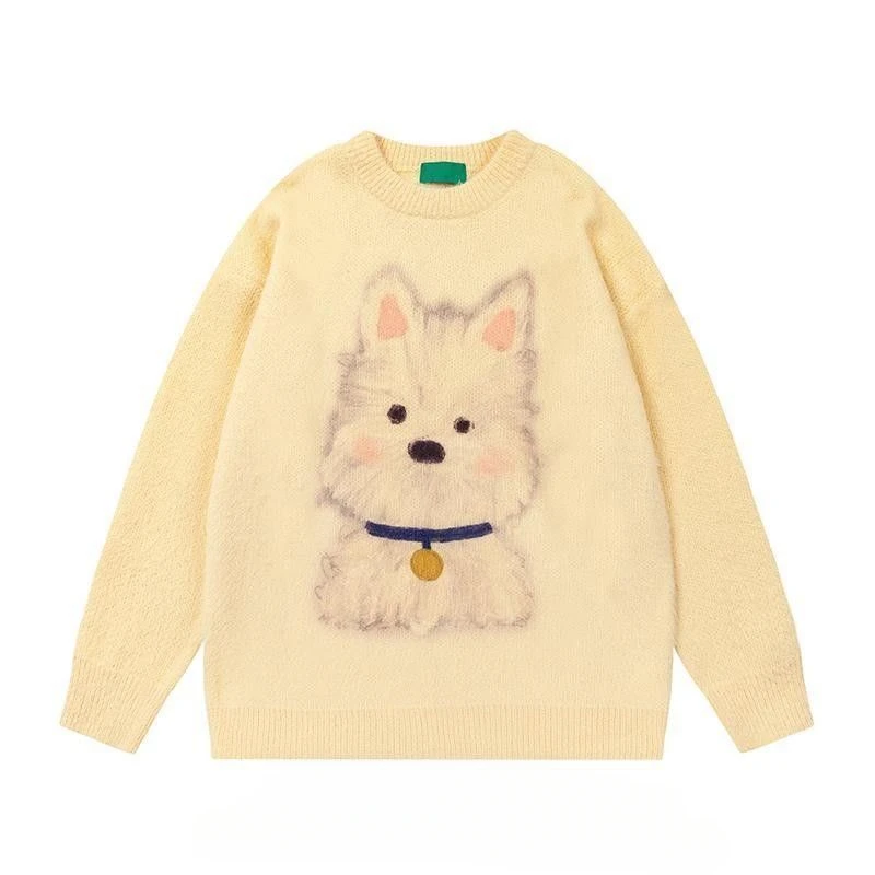 Trendy Brand American Graffiti Puppy Pullovers Sweaters Autumn Winter O-neck Long-sleeved Versatile Casual Loose Couple Knitwear