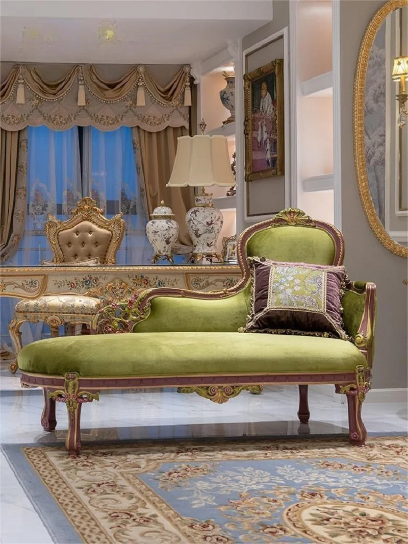 

Luxury French small living room solid wood toffee couch villa bedroom green purple color clash sofa toffee chair