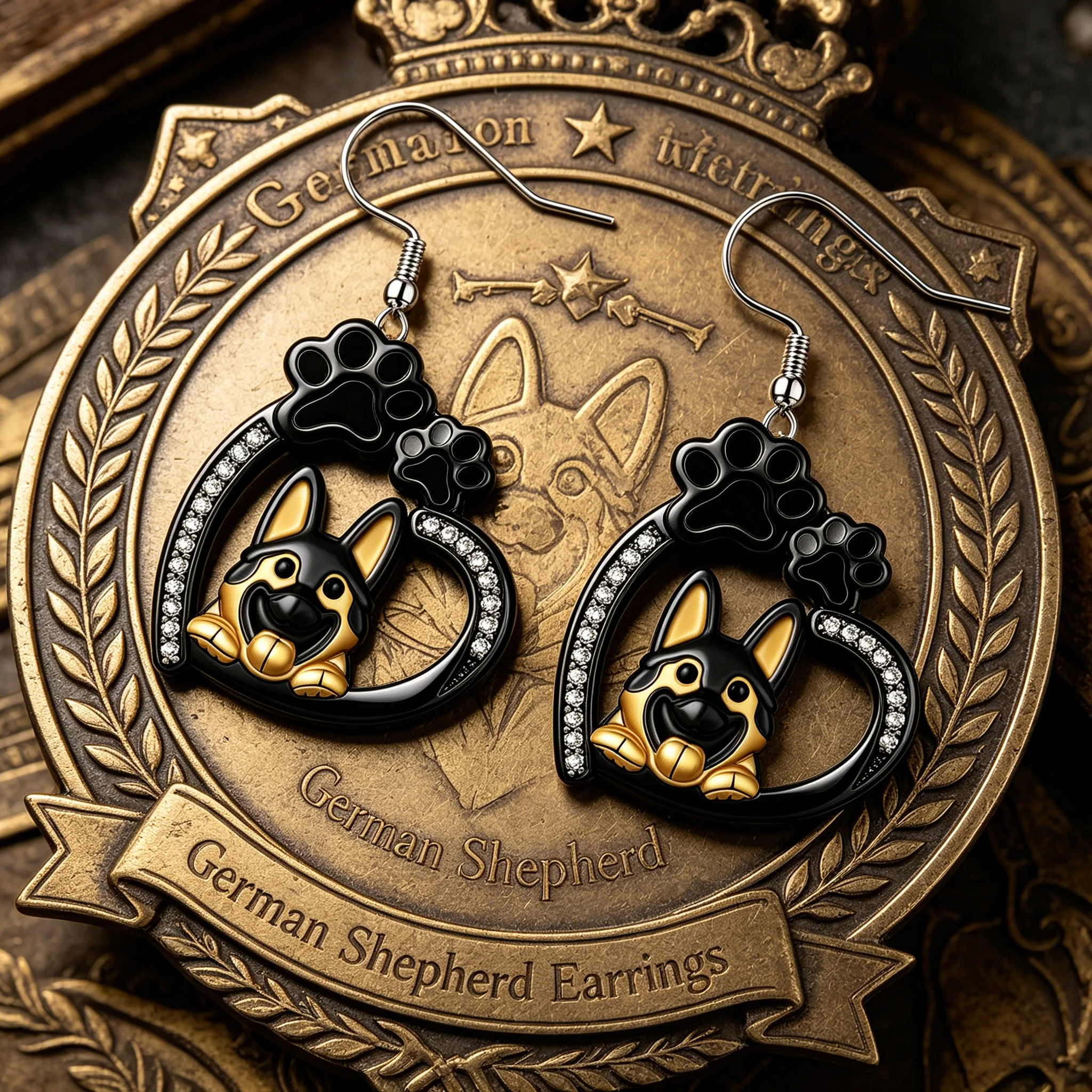German Shepherd Heart Paw Print Dangle Earrings Black Gold Tone Pet Dog Lover Dog Mom Casual Daily Jewelry Gift