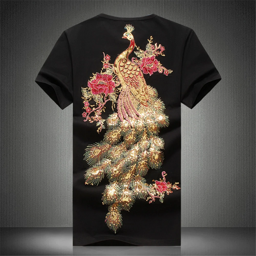 Chinese Style Embroidery Sequins Peacock Short Sleeve T Shirt Men Summer 2023 Quality Cotton Fashion Slim Luxury Camisetas M-5XL