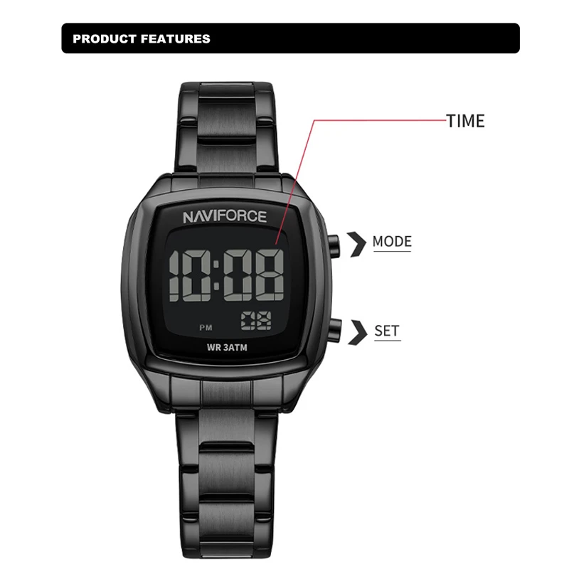 NAVIFORCE New Brand Women Watch 3ATM Waterproof and Shockproof LCD Digital Stainless Steel Sports Electronic Clocks Montre Femme