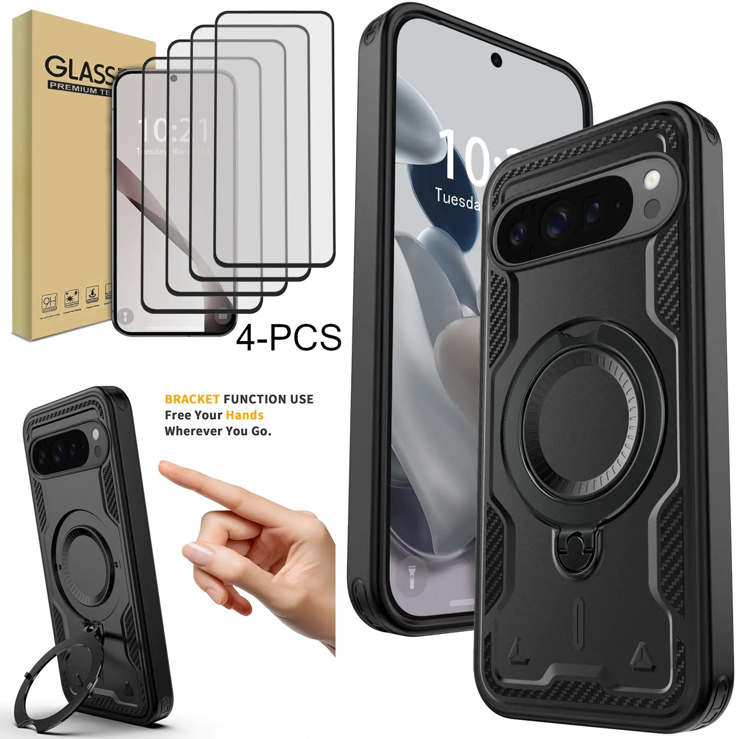 

Противоударный чехол с кольцевой подставкой + 4 шт. прозрачных защитных пленки из закаленного стекла для Google Pixel 10/10 Pro XL. Пиксель 9/9 Pro XL