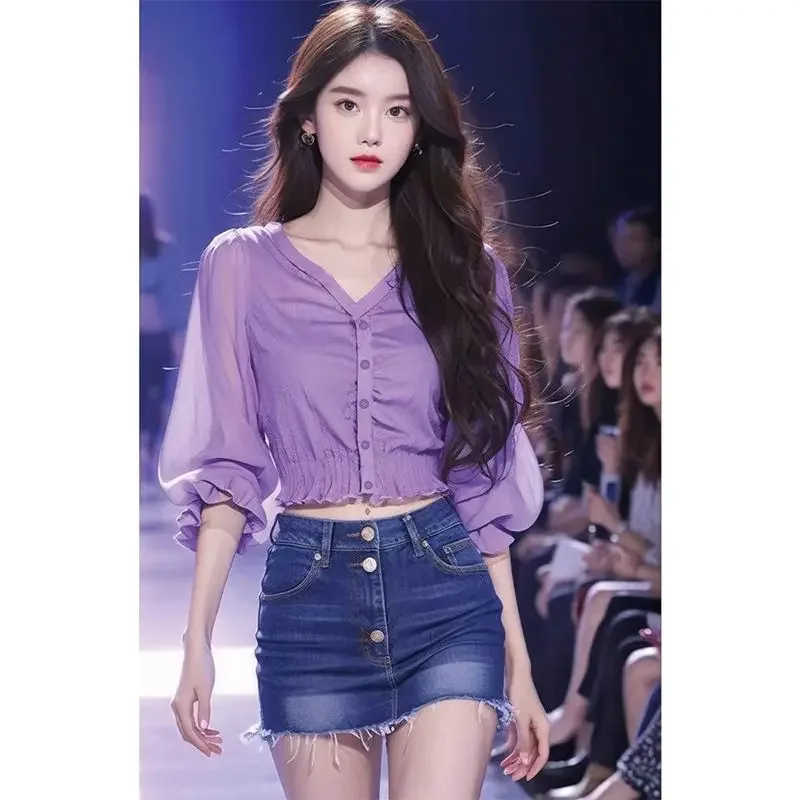 

Korean V-neck Purple Beautiful Shirt in Spring and Summer with Unique Temperament and Unique Tops E9771