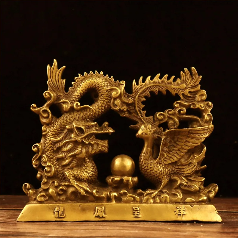 Brass Dragon and Phoenix Ornament Auspicious Decoration Home Study Office Chinese
