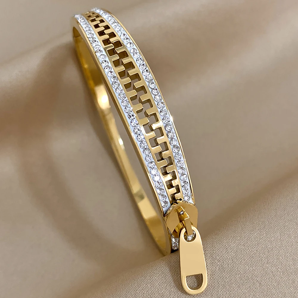 AENSOA Luxurious Zipper Style Stainless Steel Waterproof Rust Resistant Bracelets Inlaid Rhinestone Gold Plated Bracelet Bangles