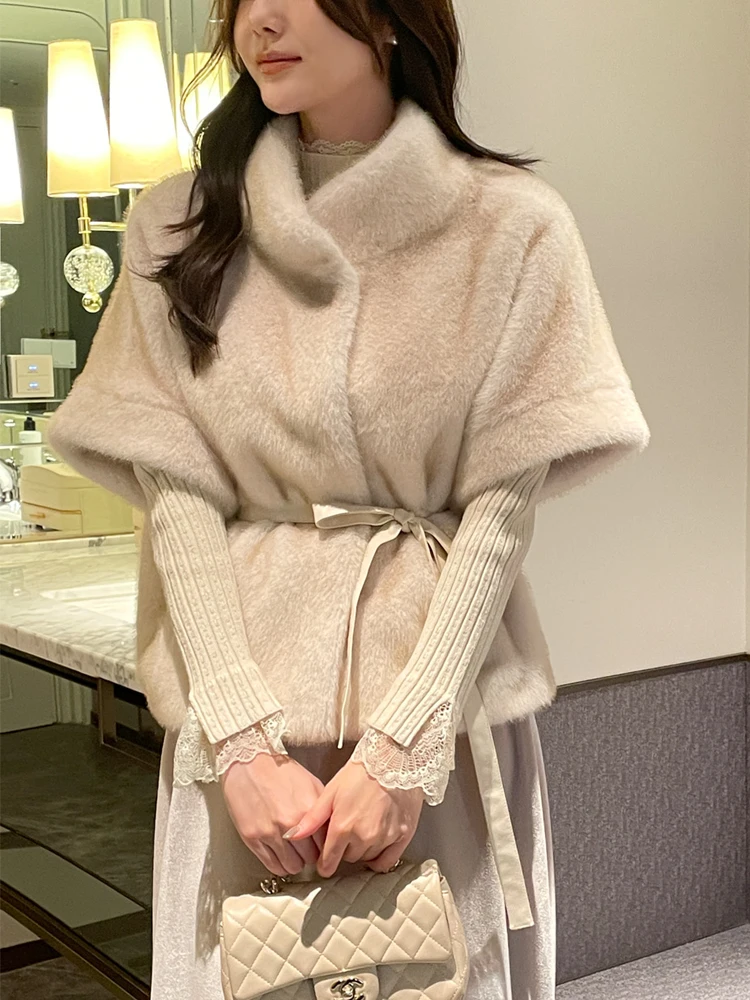 

Women's Autumn Winter Elegant Turtleneck Short Sleeve Loose Faux Mink Hair Vest Top Lady Fuzzy Warm Faux Fur Batwing Sleeve Vest