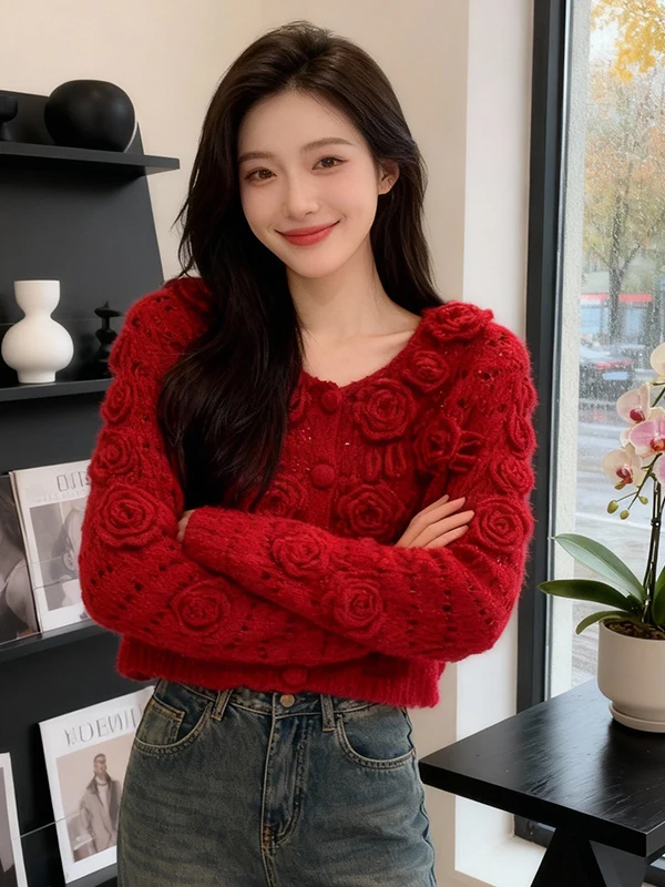 

Ele 3D вязаный женский свитер с цветочным принтом для похудения, уникальный красивый корейский Sle Long Sve круглый теплый топ
