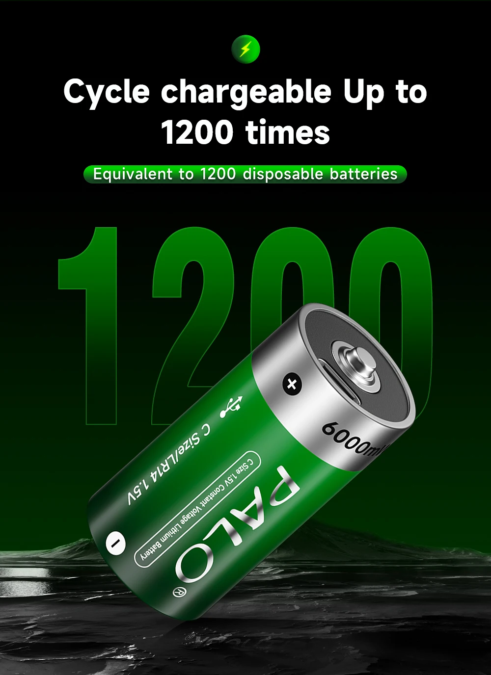 PALO 1,5V C-Größe Li-Ionen-Akku 6000mWh Typ C Wiederaufladbare Lithium-Batterien C-Größe Lipo LR14 Akku für Taschenlampen Gaskocher – Detail 6