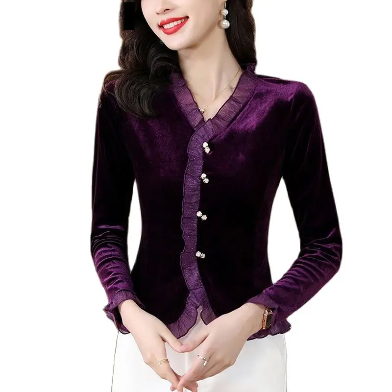 

High-grade Gold Velvet Bottoming Shirt With Long Sleeves In Spring And Autumn Coat Women And Fashionable Autumn Small Shirt