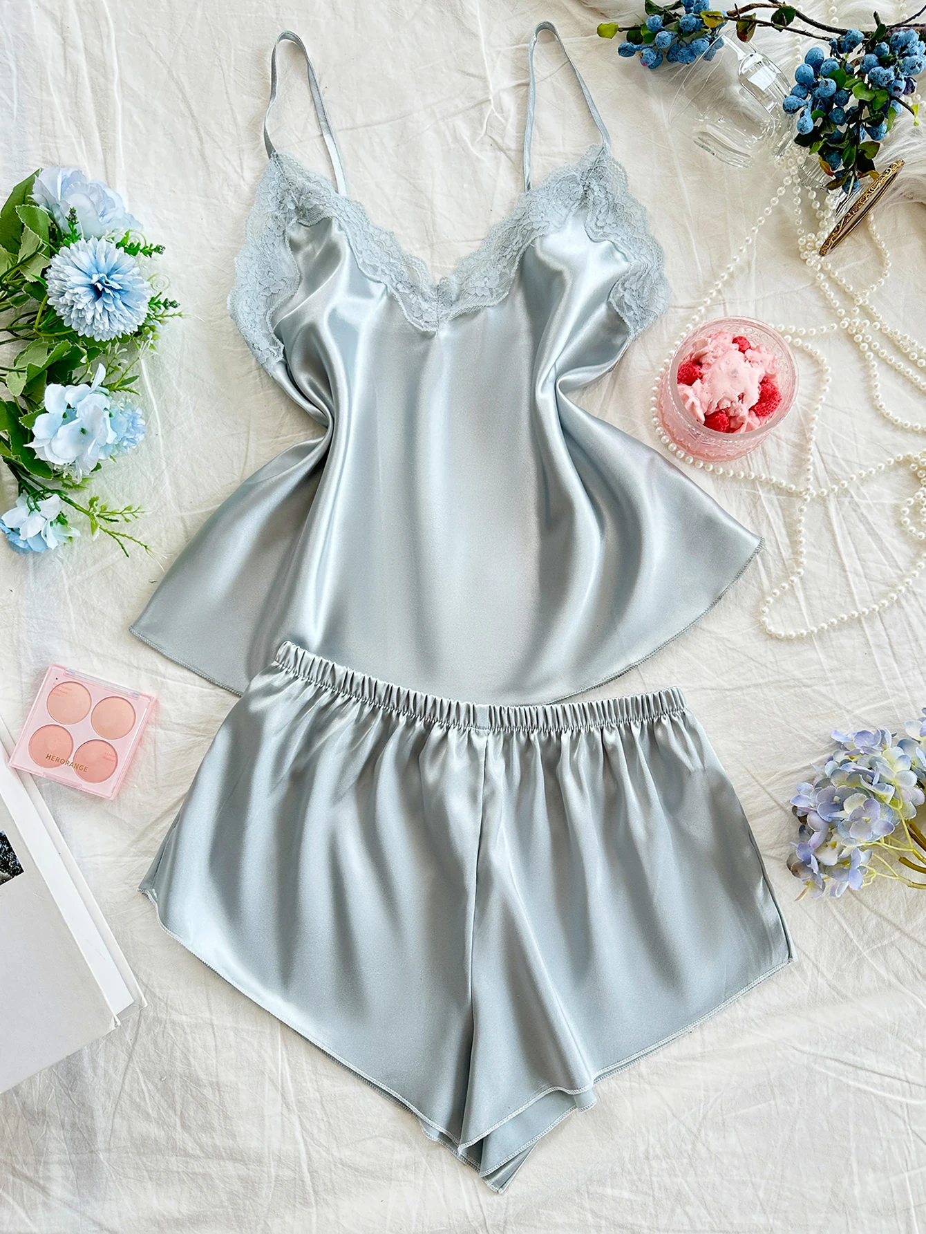 

New Fashion Women Pajamas Set Lace Trim Simple and Versatile Top Shorts Cute Loungewear Sleepwear for Summer