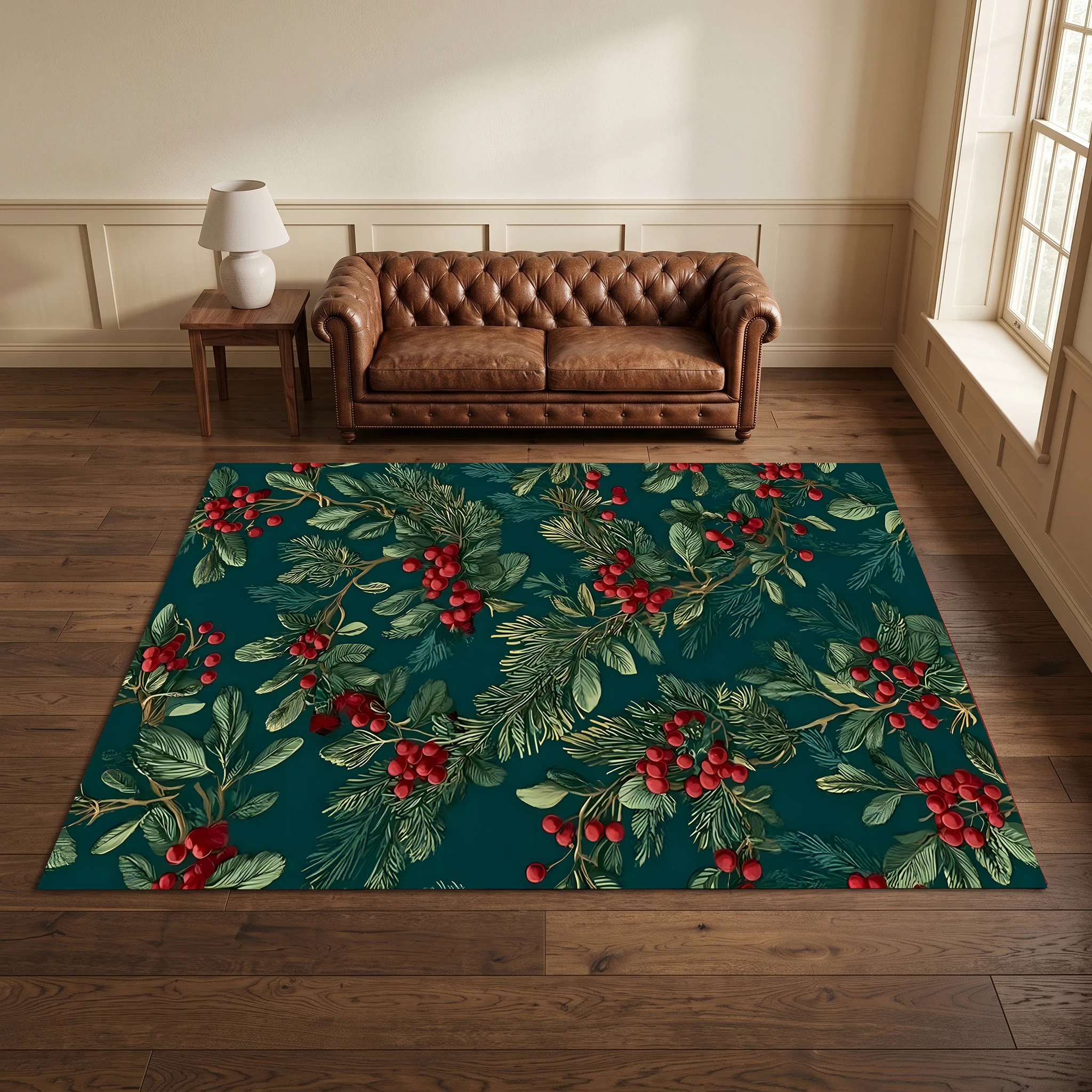 Ink Background Red Berry and Pine Branch Print Vintage Natural Style Autumn and Winter Velvet Rug, Suitable for Living Room and Bedroom, Creating a Warm Autumn Harvest Atmosphere