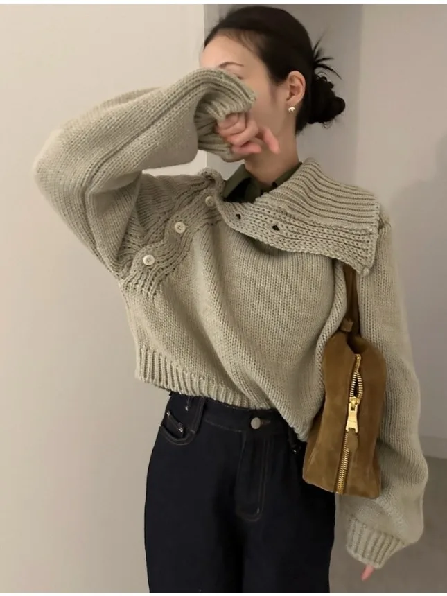 

Faionable ort High Collar Knitted Sweater Women's Loose Fit Side Button Design Chic Autumn Winter New Arrival
