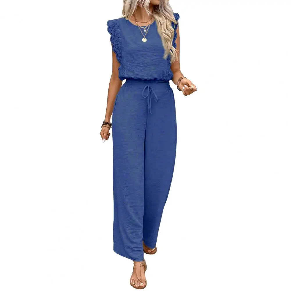 

Women Outfit Ensemble Lace Trim Tank Top Wide Leg Pants Set with Lace Up Waist Long for Summer