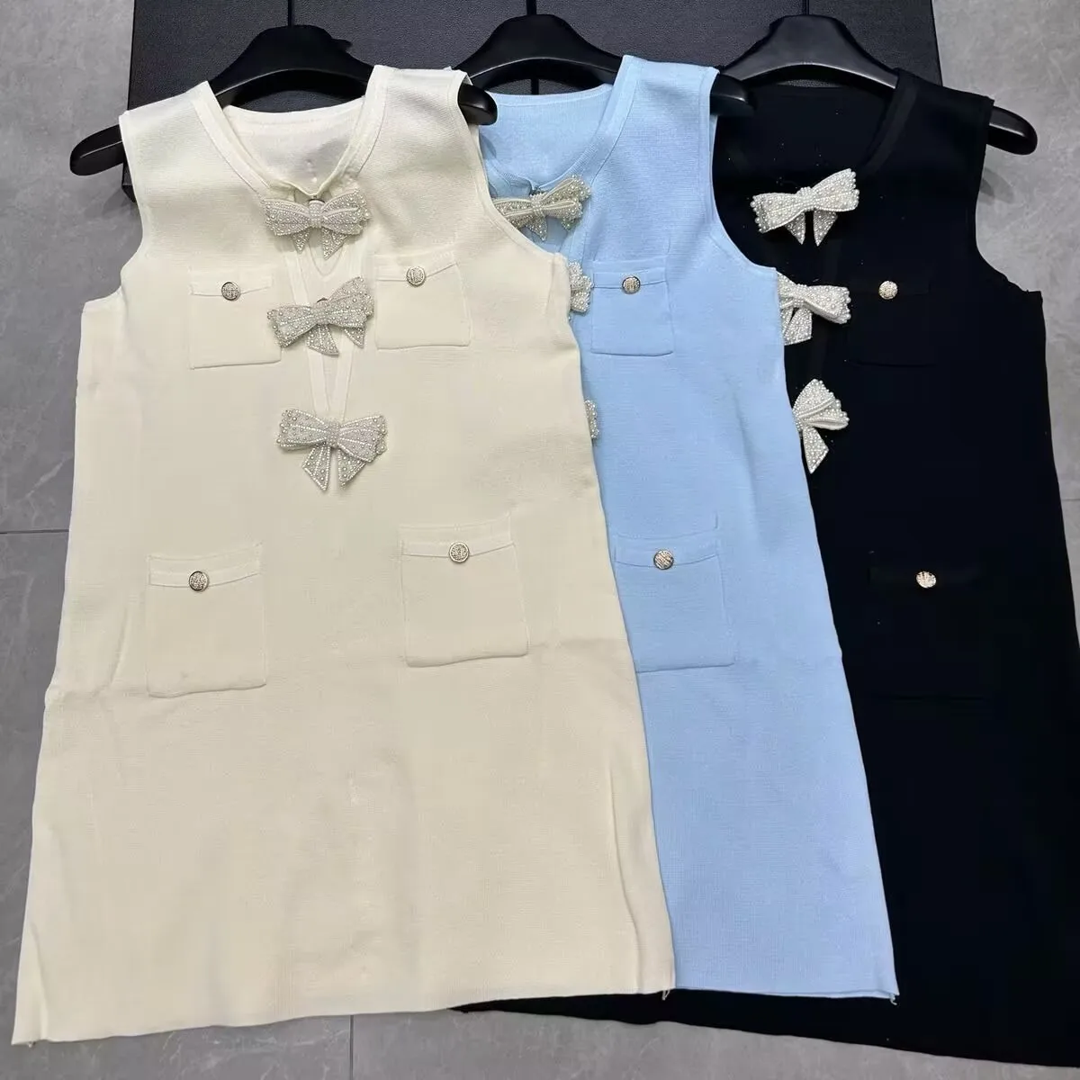 高級パールバタフライパーティードレス 夏 クルーネック ノースリーブ アイスシルクニットプルオーバーベスト Aライン カジュアルショートドレス レディース