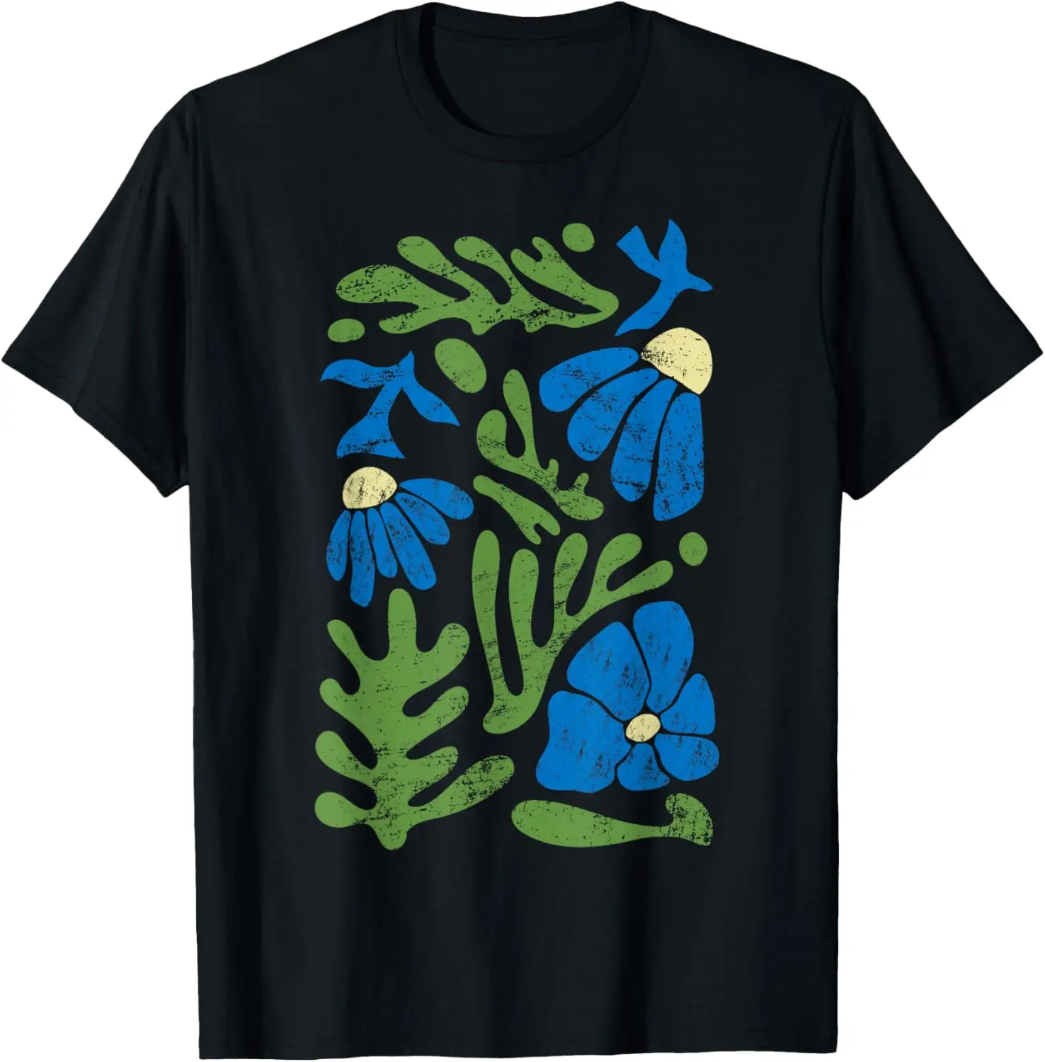 

Matisse Cut Out Floral Bird Graphic Tee Abstract Blue Green Flowers Cotton T-Shirt Daily Wear