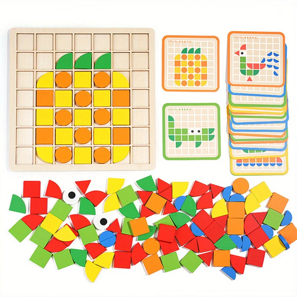 120Pcs Wooden Mosaic Puzzle Toy Montessori Kids Wooden 3D Geometric Shape Jigsaw Puzzle Board Set Baby Early Education Toys for