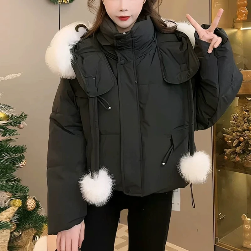 Women's Winter Short Down Jacket, Korean Solid Fashion, High-end Outerwear, Large Fur Collar, Thick Hooded Snow Jackets