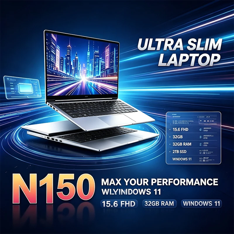 Notebook Ultra Fino de 15,6 Polegadas 120Hz FHD IPS Intel N150 32GB RAM 2TB SSD Teclado Retroiluminado Laptop de Longa Duração para Negócios