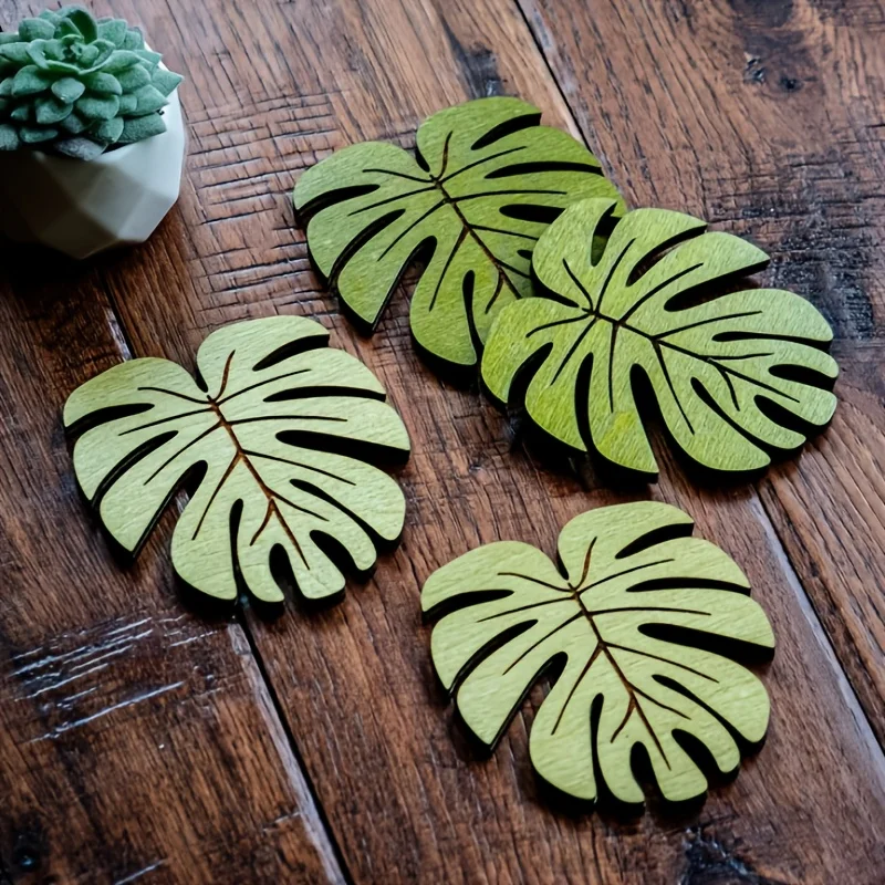Ensemble de 4 sous-verres en bois naturel de la forêt, motif Monstera, sous-verre isolant, tapis de table anti-brûlure, sous-verre pour assiette, sous-verre pour boisson, antidérapant.