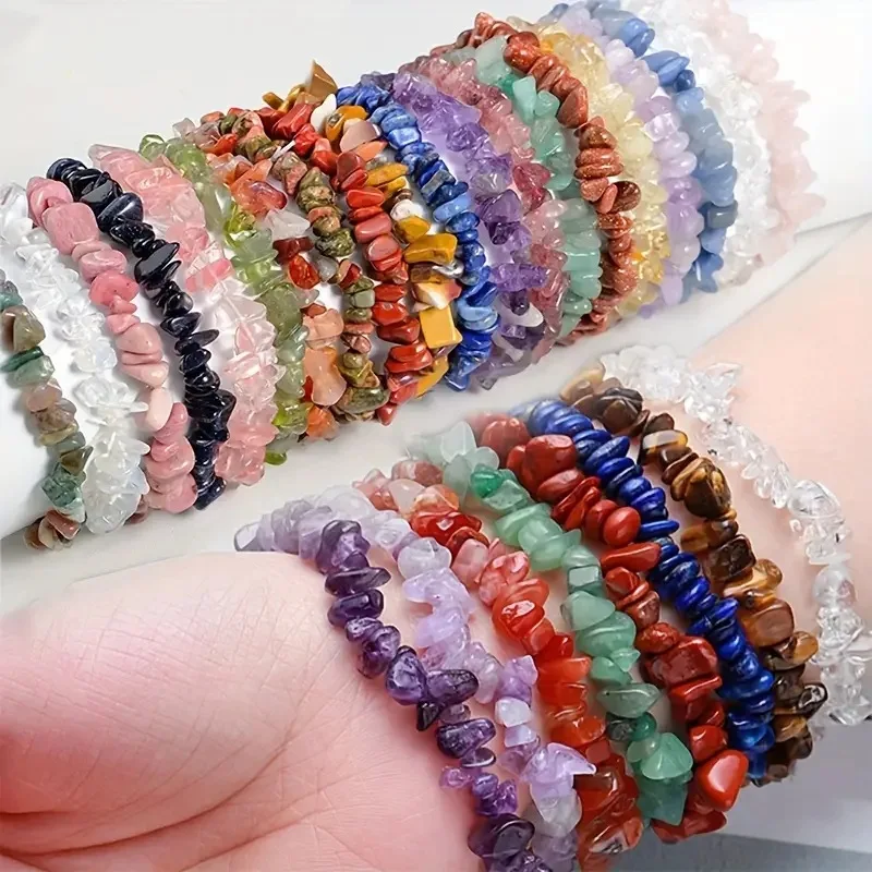 

10pcs Hobo Broken Natural Gem Stone Bracelet Irregular Crystal Stretch Chip Beads Nuggets Bangles Quartz Wristband for Women