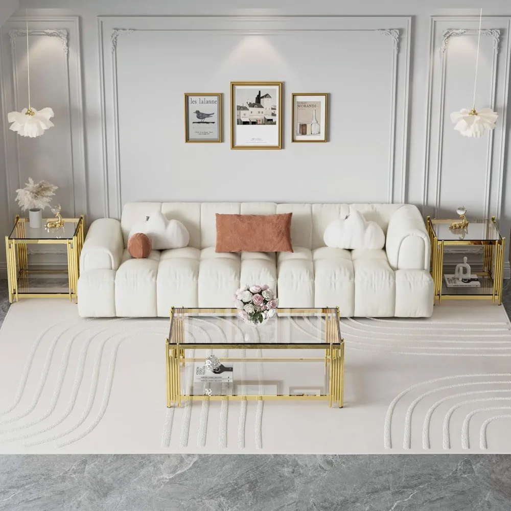 Zestaw 3 złotych szklanych stolików kawowych, stolik pomocniczy, nowoczesny zestaw stolików do salonu, prostokątny, przezroczysty, ze szkła hartowanego, luksusowy, ze stali nierdzewnej.