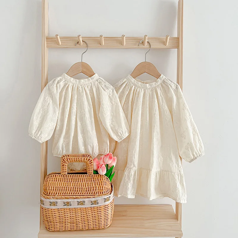 Korean Children's Clothing French Embroidery Elegant Girl's Dress Princess Dress Baby Girl Romper Crawling Suit Sister Outfit
