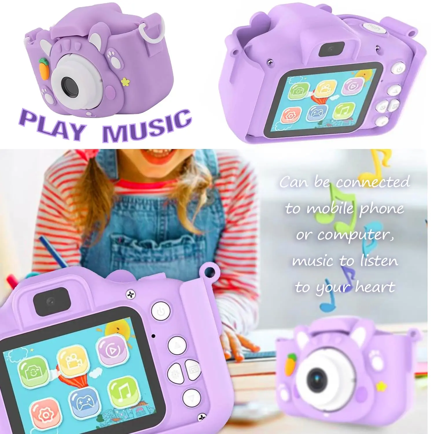 Câmera infantil com cartão de memória de 64 GB, resolução de 48 MP, gravação HD de 1080p perfeita para férias ou presente de aniversário para meninos e meninas.