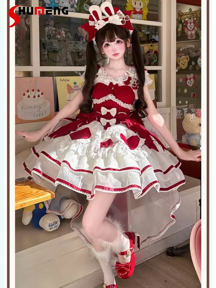 

Japanese Style Princess Birthday Party Sweet Lace Ruffle Bow Girls Lolita Dress Elegant Gothic Fashion Pink JSK Dress for Women