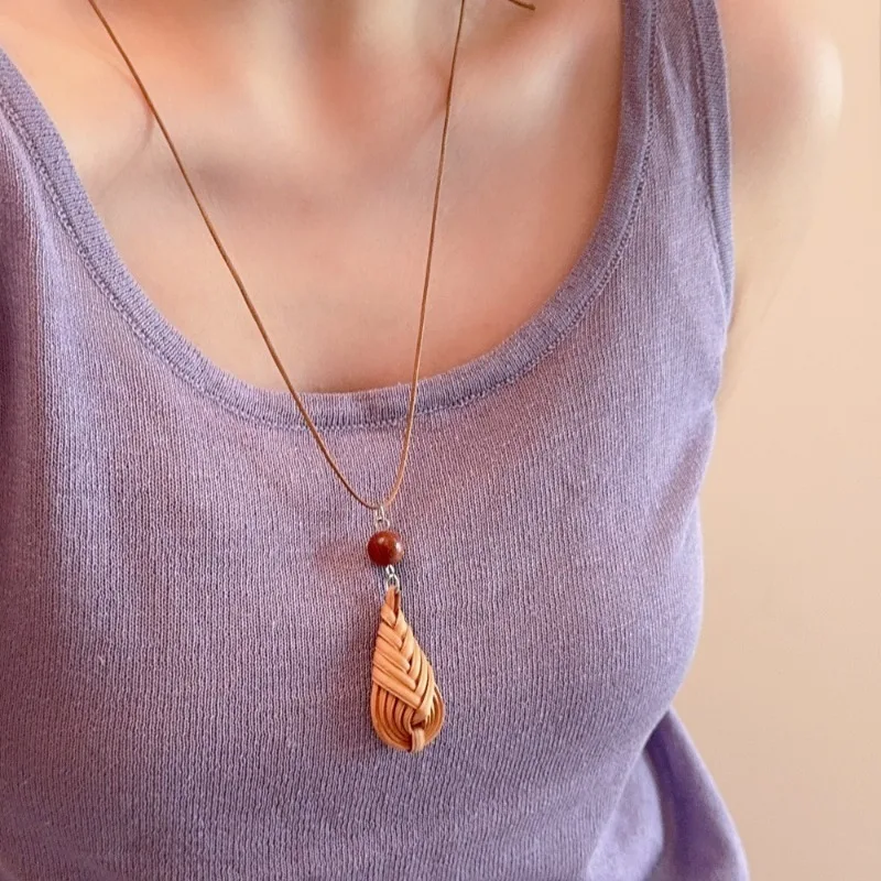Bohemian Rattan Teardrop Pendant Necklace with Wood Beads