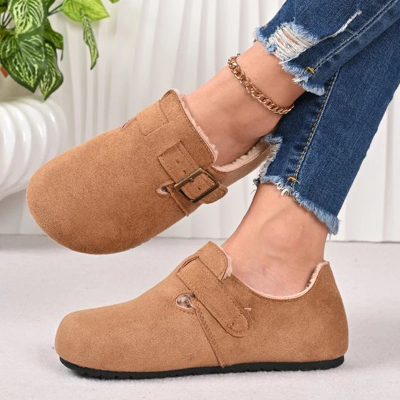 Fleece Lined Warm Clogs Flats Shoes Women Fashion Ankle Buckle Round Toe Mules Shoes Faux Lamb Wool Cotton Shoes Female Winter