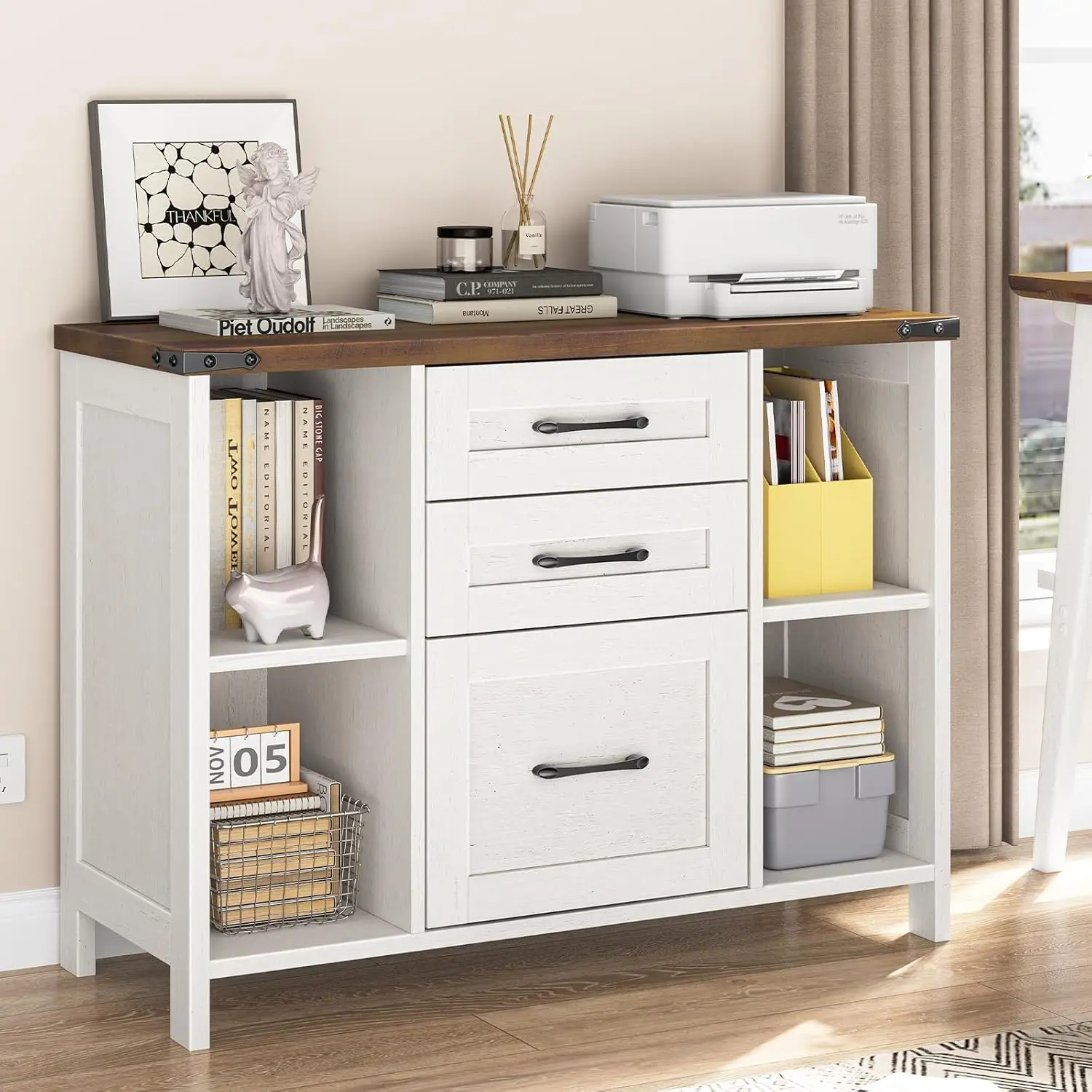 File Cabinet with 3 Drawers, Farmhouse Lateral File Cabinet Fits Files Letter/A4 Size, Wooden Filing Cabinet with Adjustable She