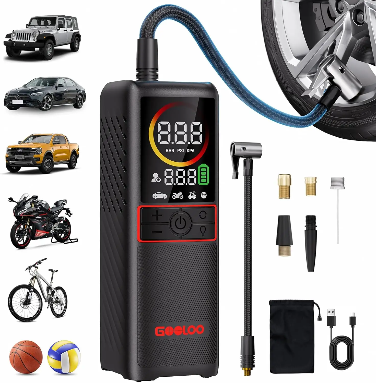 

Portable Air Compressor, 160PSI Cordless Pump for Car Tires, Bikes, Motorcycles with Digital Pressure