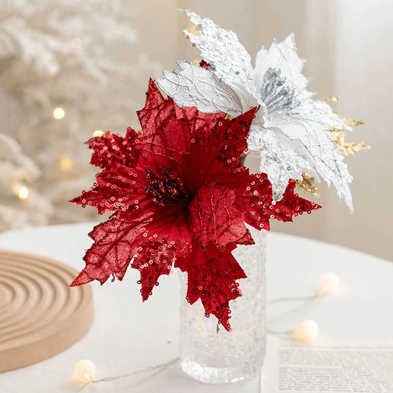 1/2pcs Sequin Christmas Poinsettia Glittery Artificial Flowers Xmas Tree Ornaments Christmas Home New Year Decorations Gifts