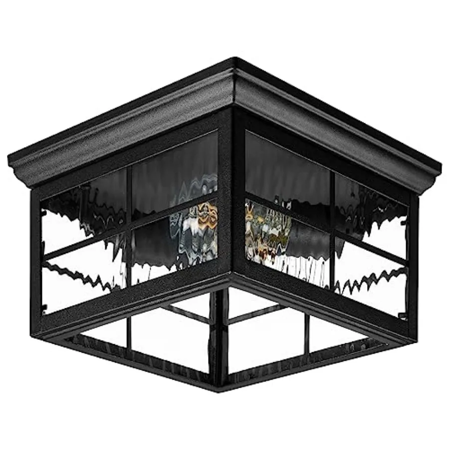 

Outdoor Flush Mount Ceiling Light Fixture, Black w/Water Glass, 2-Light Square Farmhouse Porch or Patio Light, Close to Ceiling