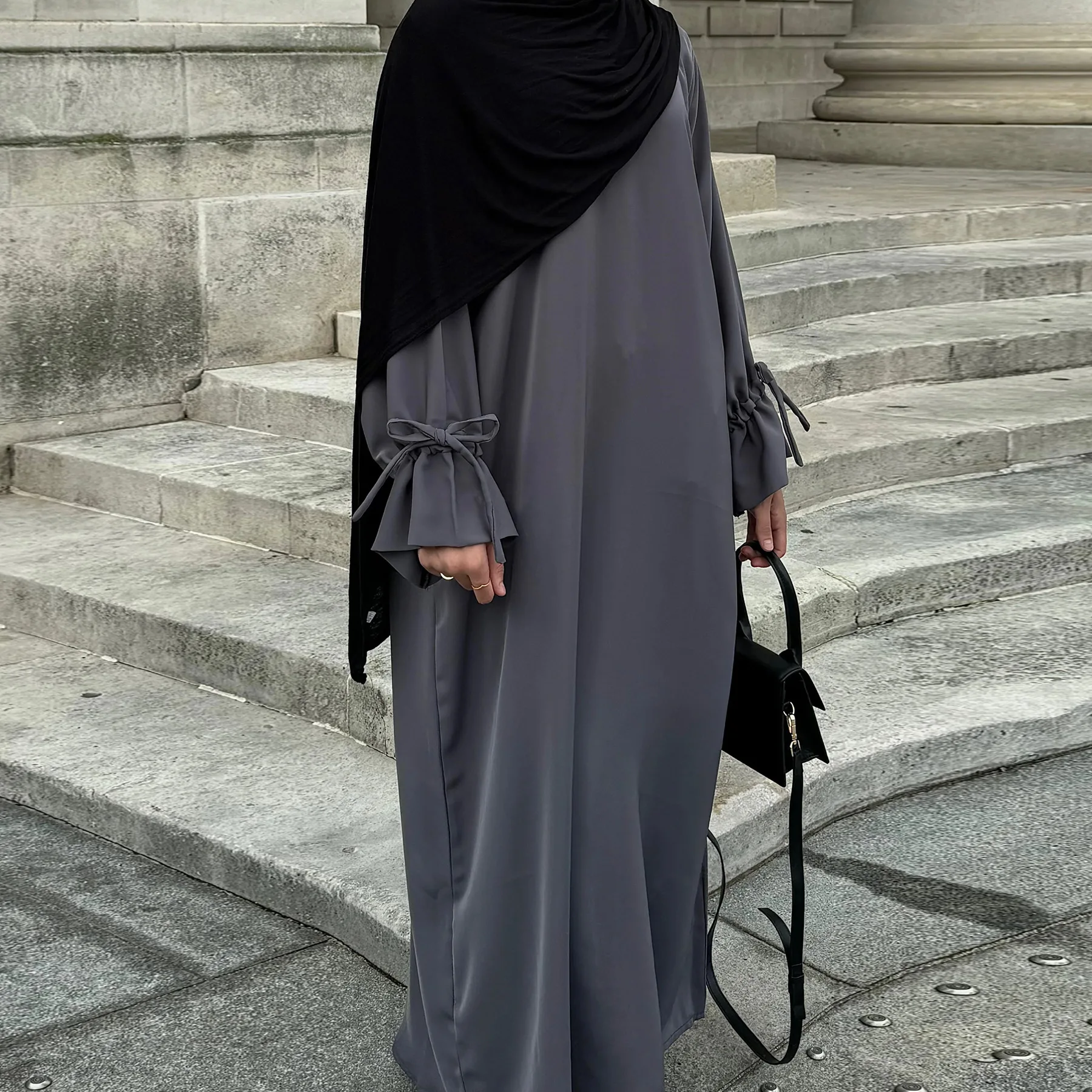 

Zipper Front Closed Abaya for Women Muslim Dubai Arabic Kaftan Dress Drawstring Sleeves Islamic Clothing Hijab Robe Ramadan Eid