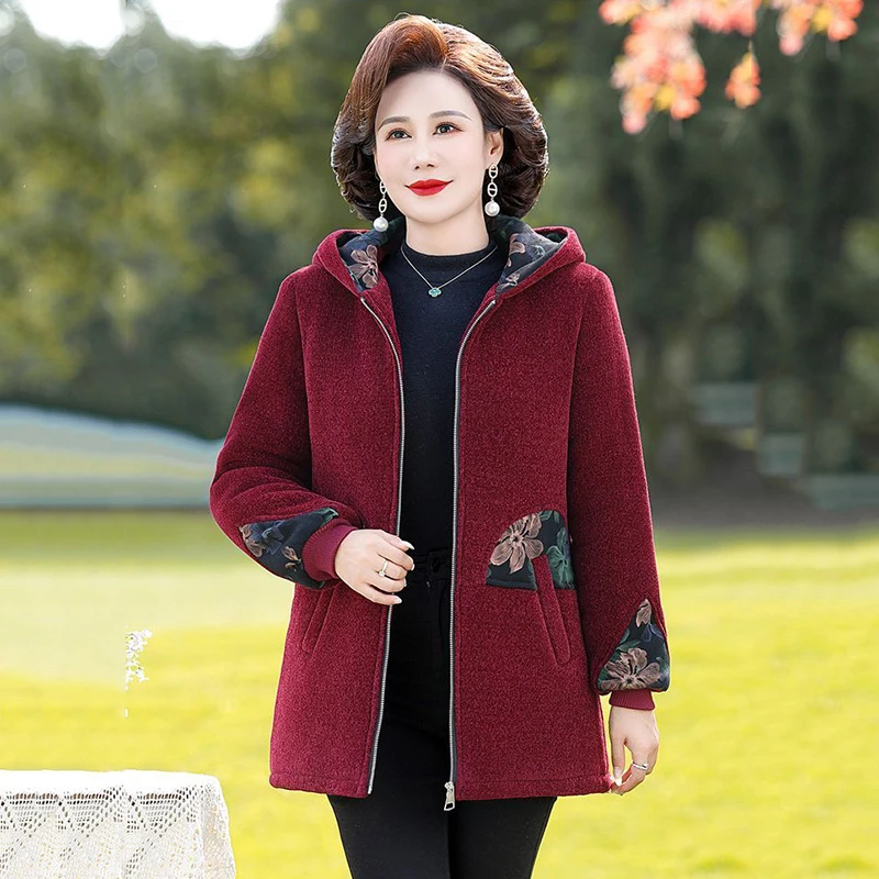 Middle-aged And Elderly Mothers Winter Cotton-padded  Fashion Style Hooded Stitching Temperament Long Warm Coat Woman 5XL.