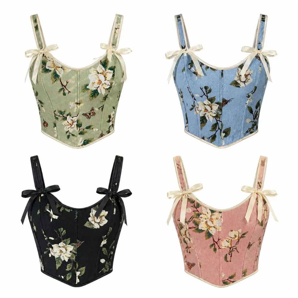 Retro Slim Floral Print Bra Top Chest Support Short Body Shapewear Sleeveless Double Strap Camisole for Women